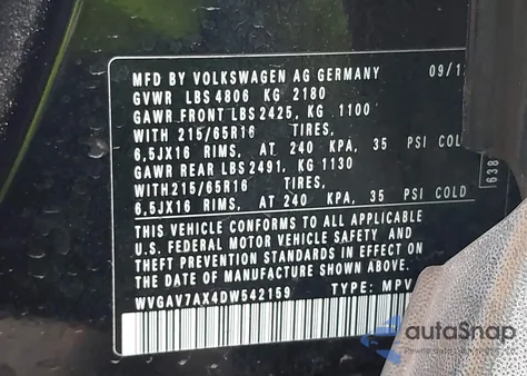 2013 Volkswagen Tiguan S from USA, damaged, VIN WVGAV7AX4DW542159